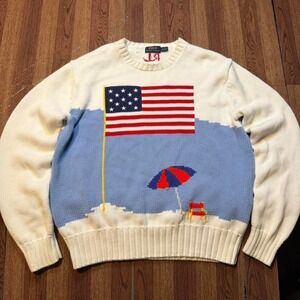 Polo Ralph Lauren White Beach USA Flag Knit Sweater Medium 41381